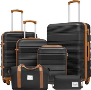 LONG VACATION Suitcase Trolley Carry on Hard Shell Luggage Hand Carbin Luggage Set ABS Lightweight Durable Suitcase Set with TSA Lock Travel Bag Spinner Wheels(Black/Brown, 20 Inch Luggage Set)
