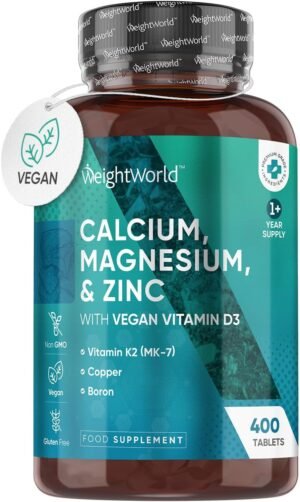 Calcium Magnesium Zinc and Vitamin D K2-1+ Year Supply (One A Day) - 400 Vegan Calcium Tablets with Vegan D3 & K2, Copper Manganese Boron Complex - Calcium Supplement for Bone, Skin, Muscle & Teeth