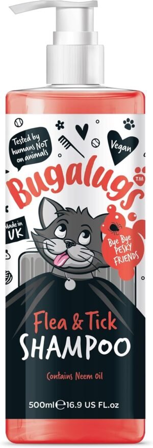 Flea and Tick Cat Shampoo by Bugalugs 500ml, Deep Cleansing Shampoo for Cats for Fleas, Ticks & Mites contains Neem Oil, PH Balanced Vegan, Pet Shampoo (500ml Flea Shampoo)