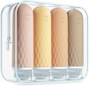 Gemice Travel Bottles for Toiletries, CAA Approved 90ml Silicone Travel Bottles, BPA Free Leak Proof Squeezable Travel Size Containers, Travel Accessories for Shampoo Conditioner Lotion (4 Pack)