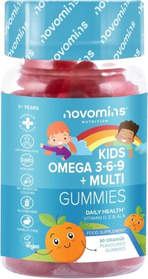 Kids Omega 3 6 9 Gummies – Kids Multivitamin E & D - Vegan - 1 Month Supply – Chewable Childrens Omega 3 6 9 Supplement – Plant Based Alternative to Fish Oil – Kids Vitamins by Novomins