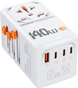 140W Universal Travel Adapter, TESSAN GaN International Plug Adaptor with 1 USB A and 3 USB C Charging Ports, Worldwide Power Outlet for US to Europe UK AUS Ireland(Type C, G, A, I)
