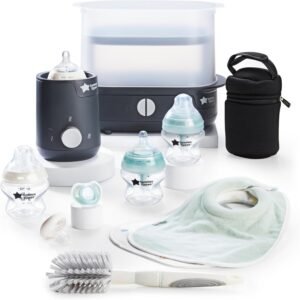 Tommee Tippee Complete Feeding Set, Electric Steam Steriliser with Insulated Bottle Bag, Newborn Baby Bottles and Easiwarm Bottle Warmer, Black