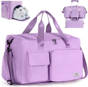 FIORETTO Womens Mens Sports Gym Bag Duffle Bag with Shoes Compartment, Weekend Travel Bag Overnight Bag for Women, Water Resistant Holdall Hospital Bag for Swimming Purple