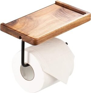 Toilet Roll Holder with Shelf, Wall Mounted with Wood Tray