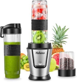 Blender Smoothie Makers 500W, 2 in 1 Multifunctional Personal Blender Mixer with 2x600ml Portable Bottles for Ice, Fruit, Vegetable, and 200ml Grinder, BPA-Free, Home/Outdoors, Sliver, by Yabano