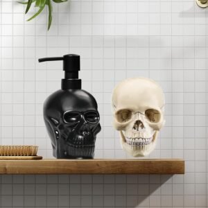 Soap Dispenser Bathroom Black Skull Hand Wash Dispenser for Halloween Decor, Refillable Liquid Soap Dispenser for Kitchen Shampoo and Conditioner Dispenser, Ceramic 16 Ounce
