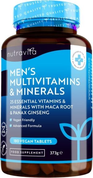 Men's Multivitamins and Minerals - 25 Essential Active Vitamins and Minerals with Added Maca Root and Panax Ginseng - 180 Vegan Tablets - Made in The UK by Nutravita