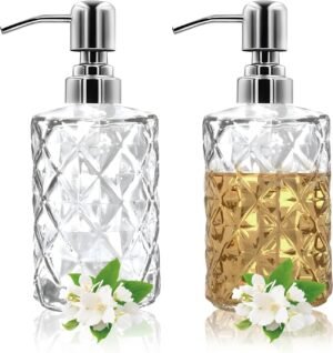Glass Soap Dispenser - 2 Pack 12 Oz Clear Glass Liquid Hand Soap Dispenser with 304 Stainless Steel Pump, Refillable Dish Bottle Dispenser for Bathroom Kitchen