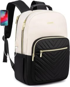 LOVEVOOK Laptop Backpack Womens,15.6 Inch Rucksack Bag for Women,School College Travel University Back Pack,Lightweight Large Work Bags with USB Charging Port, Ladies Backpacks, Black Beige