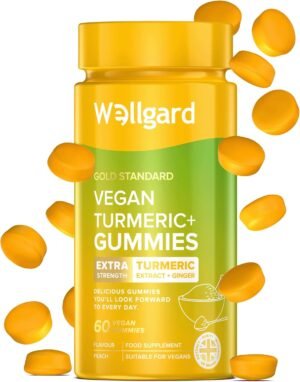 Wellgard Vegan High Strength Turmeric Gummies with Ginger – 1980MG Chewable Turmeric Gummies, Turmeric Curcumin Supplement, 60 Gummies, Peach Flavour