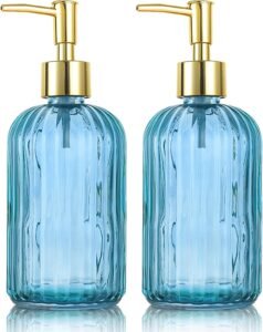 Versatile Glass Soap Dispenser Bottle with Pump, 14 Oz Dripless Pump Bottle, Refillable Liquid Hand Jar Dispenser for Bathroom, Countertop, Kitchen, Laundry Room(Blue, 2 Pack)
