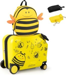 GYMAX 2Pcs Kids Luggage Set, 12" & 18" Children Hand Trolley Case with Wheels and Anti-Lose Rope, Girls Boys Carry On Suitcase for Travel School (Yellow)