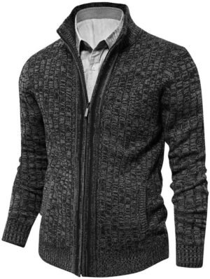 Mens Knitted Cardigan Full Front Zipper Sweater with 2 Side Pockets