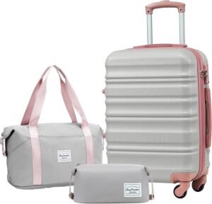 LONG VACATION Suitcase Trolley Hand Carbin Luggage, ABS Hard Shell Suitcase Set Lightweight Luggage Set 3 Piece Set Suitcase with TSA Lock Travel Bag Spinner Wheels(Grey/Pink, 20 Inch Luggage Set)