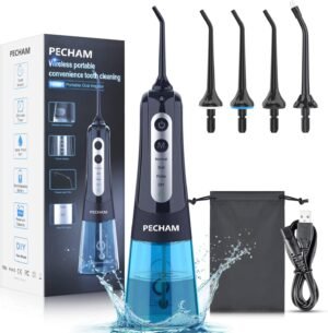 Upgraded Cordless Water Flosser for Teeth, PECHAM Portable Oral Irrigator IPX7 Waterproof 300ML DIY & 3 Modes 4 Jet Tips and Tongue Cleaner Help Deep Clean Oral, USB Rechargeable for Home Travel