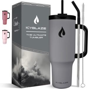 ICYBLAZE 40oz Tumbler with Straw and Lid | 2 Straws & Handle | Travel Mug | Insulated Coffee Cup | Flasks for Hot and Cold Drinks | Iced Coffee Cup | BPA-Free (Volcanic Grey)