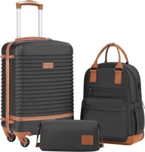 COOLIFE Suitcase Trolley Carry On Hand Cabin Luggage Hard Shell Travel Bag Lightweight with TSA Lock,The Suitcase Included 1pcs Travel Backpack and 1pcs Toiletry Bag (Black/Brown, 20 Inch Luggage Set)