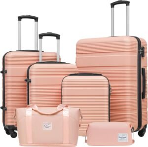 LONG VACATION Suitcase Trolley Carry on Hard Shell Luggage Hand Carbin Luggage Set ABS Lightweight Durable Suitcase Set with TSA Lock Travel Bag Spinner Wheels(Black/Brown, 20 Inch Luggage Set)