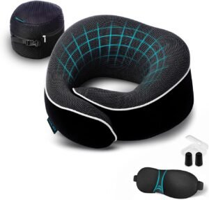 Proglobe Travel Pillow, Memory Foam Neck Pillow Set, Orthopedic Pillow, Travel Essentials for Flying, Travel Kit with 3D Contoured Sleep Mask, Earplugs and Luxury Mesh Bag (Black)