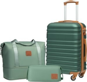 COOLIFE Suitcase Trolley Carry On Hand Cabin Luggage Hard Shell Travel Bag Lightweight with TSA Lock,The Suitcase Included 1pcs Travel Bag and 1pcs Toiletry Bag (Dark green/Brown, 20 Inch Luggage Set)