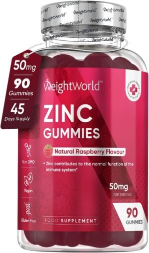 Zinc Gummies 50mg - 90 High Strenth Zinc Supplements - Zinc Citrate Gummies with Raspberry Flavour - Not High Strength Zinc Tablets - Zinc for Immunity, Skin, Bone, Vision, Nail & Hair (EFSA)