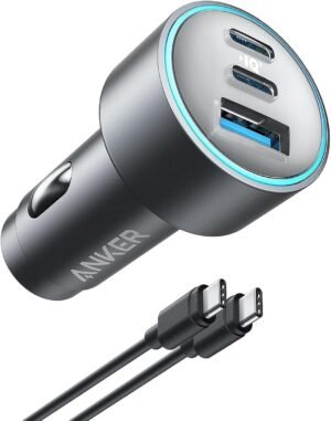 Car Charger, Anker 67W 3-Port Compact Fast Charger - High-Speed Charging for iPhone 14 Series, Galaxy S23, iPad Air, and More - USB-C to USB-C Cable Included for Easy Connection