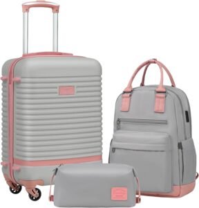 COOLIFE Suitcase Trolley Carry On Hand Cabin Luggage Hard Shell Travel Bag Lightweight with TSA Lock,The Suitcase Included 1pcs Travel Backpack and 1pcs Toiletry Bag (Black/Brown, 20 Inch Luggage Set)
