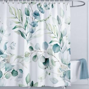 LIVETTY Leaves Shower Curtain 180 x 180 cm Green Leaf Plants Bathroom Curtain Mould Proof Polyester Fabric Bath Curtain with 12 Hooks Bathroom Curtain Washable Quick-Drying