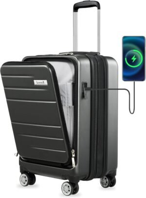 Luggex Carry on Suitcase with Laptop Compartment Expandable Hand Luggage, PC Hardshell Cabin Suitcase with 4 Spinner Wheel, TSA, 55cm, USB Port, Black