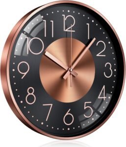 TOKTEKK Wall Clock 30.48cm Silent Non Ticking Clock Modern Wall Clocks Battery Operated for Living Room, Aluminium Round Decorative Clocks for Bedroom Kitchen Office Home Decor(Rose Gold Number)