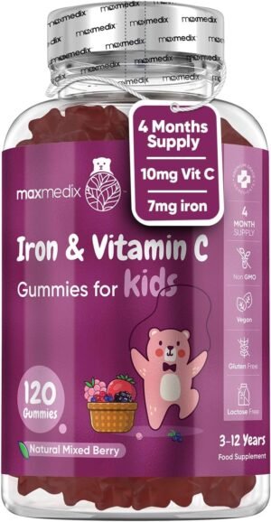 Iron & Vitamin C Gummies for Kids - 4 Months Supply - 120 Gummies - Natural Mixed Berry Flavour - Kids Iron Gummies for Energy & Immune System - Vegan Iron Supplements for Kids - No Aftertaste