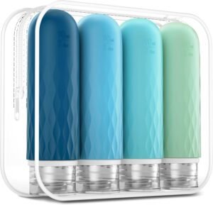 Gemice Travel Bottles for Toiletries, CAA Approved 90ml Silicone Travel Bottles, BPA Free Leak Proof Squeezable Travel Size Containers, Travel Accessories for Shampoo Conditioner Lotion (4 Pack)