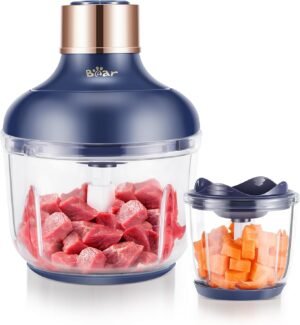 Bear 0.6L+2L Food Processor, 2 Bowls with 2 Speeds Control and 2 Sets Stainless Steel Blades, 300W Motor Glass Container Vegetable Chopper Electric