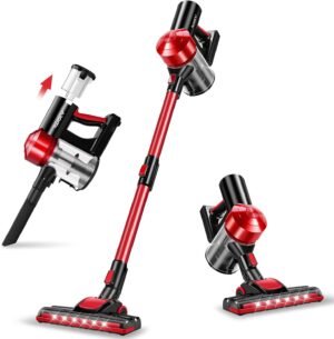 iwoly C150 Cordless Vacuum Cleaner Rechargeable with Removable Battery, Lightweight Handheld Stick HEPA Vacuum for Carpet Hard Floor Pet Car, Red