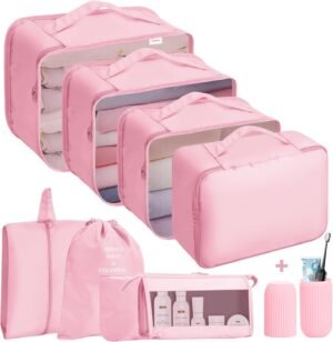 Jsdoin Packing Cubes for Suitcase,9PCS Travel Luggage Packing Organizers for Backpack, Waterproof Travel Essentials Bag, Travel Accessories(Pink)