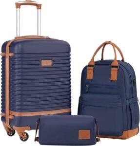 COOLIFE Suitcase Trolley Carry On Hand Cabin Luggage Hard Shell Travel Bag Lightweight with TSA Lock,The Suitcase Included 1pcs Travel Backpack and 1pcs Toiletry Bag (Blue/Brown, 20 Inch Luggage Set)