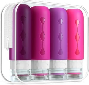 Gemice Portable Travel Bottle, 4 Pack Silicone Travel Containers Set LeakProof Refillable Squeezable for Lotion Liquid Shampoos, Soap and Toiletries (90ml)