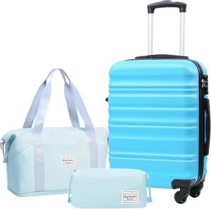 LONG VACATION Suitcase Trolley Hand Carbin Luggage, ABS Hard Shell Suitcase Set Lightweight Luggage Set 3 Piece Set Suitcase with TSA Lock Travel Bag Spinner Wheels(Blue, 20 Inch Luggage Set)