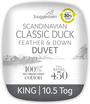 Snuggledown Duck Feather & Down King Size Duvet - 10.5 Tog All Year Round Premium Quilt Ideal for Summer & Winter - Soft Cotton Cover, Hypoallergenic, Machine Washable, Size (225cm x 220cm)