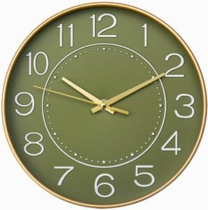 HZDHCLH Wall Clock 10 Inch Silent Non Ticking Clock Round Wall Decor，Wall Clocks for Living Room Kitchen Office (Golden Green)