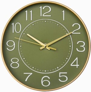 HZDHCLH Wall Clock 10 Inch Silent Non Ticking Clock Round Wall Decor，Wall Clocks for Living Room Kitchen Office (Golden Green)