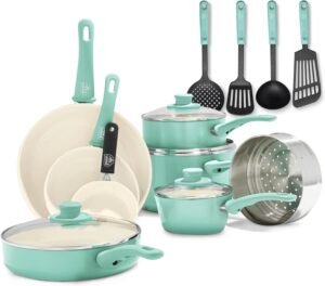 GreenLife Soft Grip Healthy Ceramic Nonstick 16 Piece Kitchen Cookware Pots and Pans Set, Includes Frying Pan Skillets Sauce and Casserole, PFAS-Free, Oven Safe, Turquoise