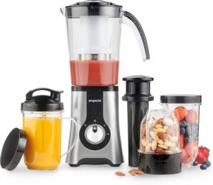 Emperial 4 in 1 Blender Multifunctional Smoothie Maker, Juicer, Grinder & Ice Crusher 220W | 1L Blending Jug, 500ml Smoothie Jug and Travel Mugs and 300ml Small Blending Jug with lids (Silver)