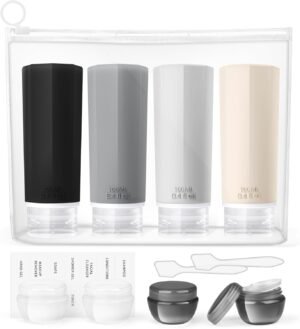 Opret 12 Pcs Travel Bottles Set for Toiletries Black & White, 100ml Leak Proof Portable Travel Containers and Pots Refillable Squeezable for Shampoos and Conditioner, BPA Free and TSA Approved