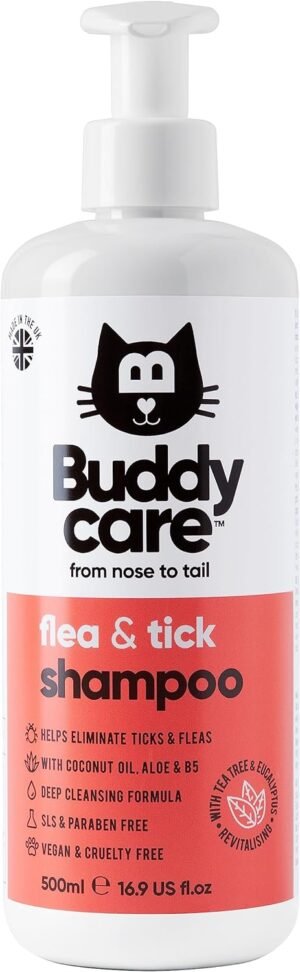 Buddycare Flea & Tick Cat Shampoo - 500ml - Eliminates Fleas, Ticks & Mites - Deep Cleansing Shampoo for Cats, Tea Tree & Eucalyptus Flea Shampoo for Cats
