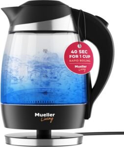 Mueller Ultra Glass Kettle M99S: 1850-2200W 1.8 Liter (60 fl oz) Electric Kettle Auto Shut-Off Boils Water Fast, Cordless with LED Light