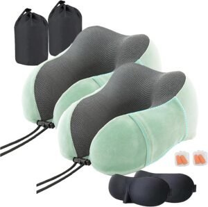 DAWNTREES 2 Pack Travel Pillow Neck Support,Pure Memory Foam Neck Pillows for Travel Airplane, Business Trip with Luxury Bag, Travel Kit with 3D Contoured Eye Masks, Earplugs.………