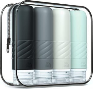 Gemice Travel Bottles for Toiletries, CAA Approved 90ml Silicone Travel Bottles, Leak Proof Squeezable Travel Size Containers, Travel Essentials for Lotion Soap Liquid Shampoo, BPA Free(4 Pack)