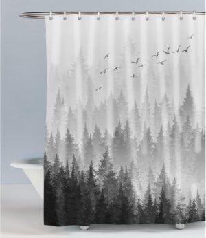 LIVETTY Black and White Misty Forest Shower Curtains Plant Tree Nature Woodland Shower Curtain 72x72 inches（180x180cm ） with 12 Hooks Fabric Bath Curtain Washable Quick-Drying